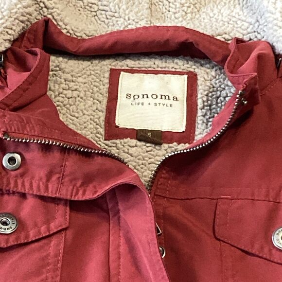 Sonoma  Faux Fur Lined Hoodie Vest Zip & Button Red, Women's Sz S Fall Outdoors - Picture 2 of 10